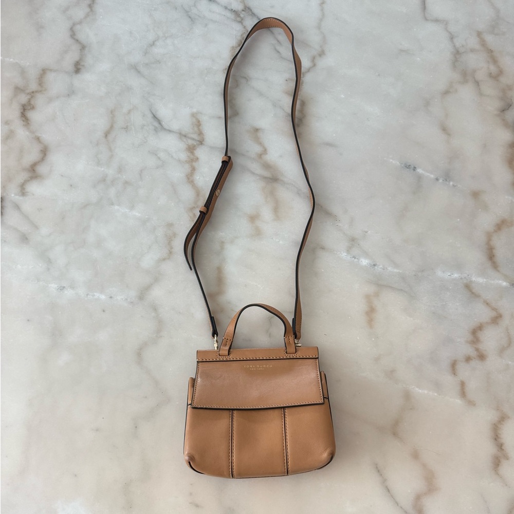 Tory Burch Block  T Mini Satchel Bag Light Tan Leather Handbag Top Handle 2 Ways - Picture 6 of 17
